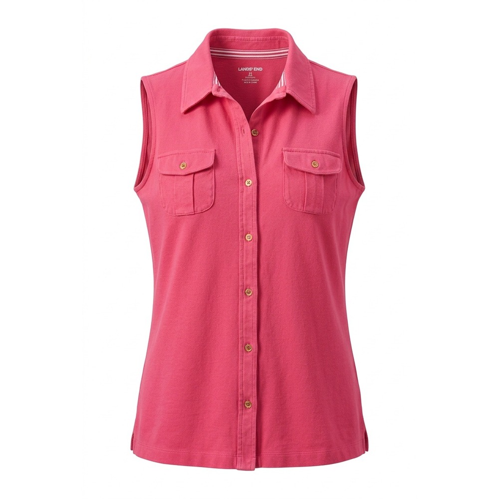 Lands End Womens Pink Sleeveless Polo Shirt Pique Knit Button Front XL 16-18